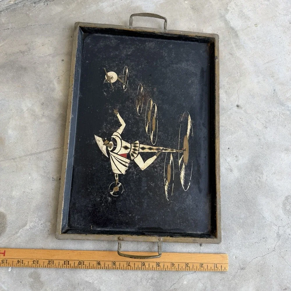 Vintage Art Deco Serving Tray Metal Hand Painted Pierrot Harlequin Dancer 1930s